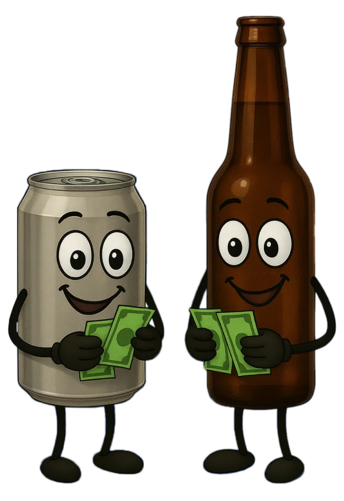 Can and Bottle characters holding money